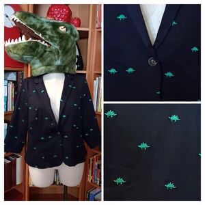 Modcloth "Legendary Lifestyle" Embroidered Blue Dinosaur Blazer Jacket